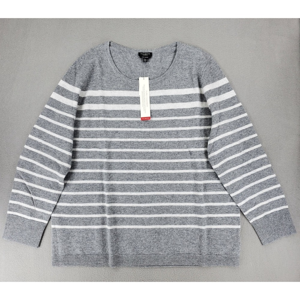 New Talbots Cashmere Sweater Plus 2Xp Gray Striped Long Sleeve Crew Neck White